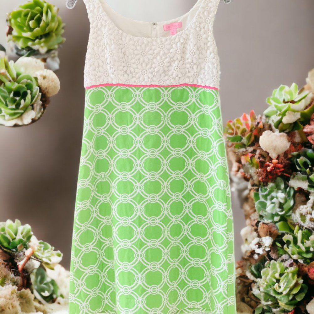 Lilly Pulitzer Sheath Dress: White & Lime Green Crochet Top Cotton - Size 2